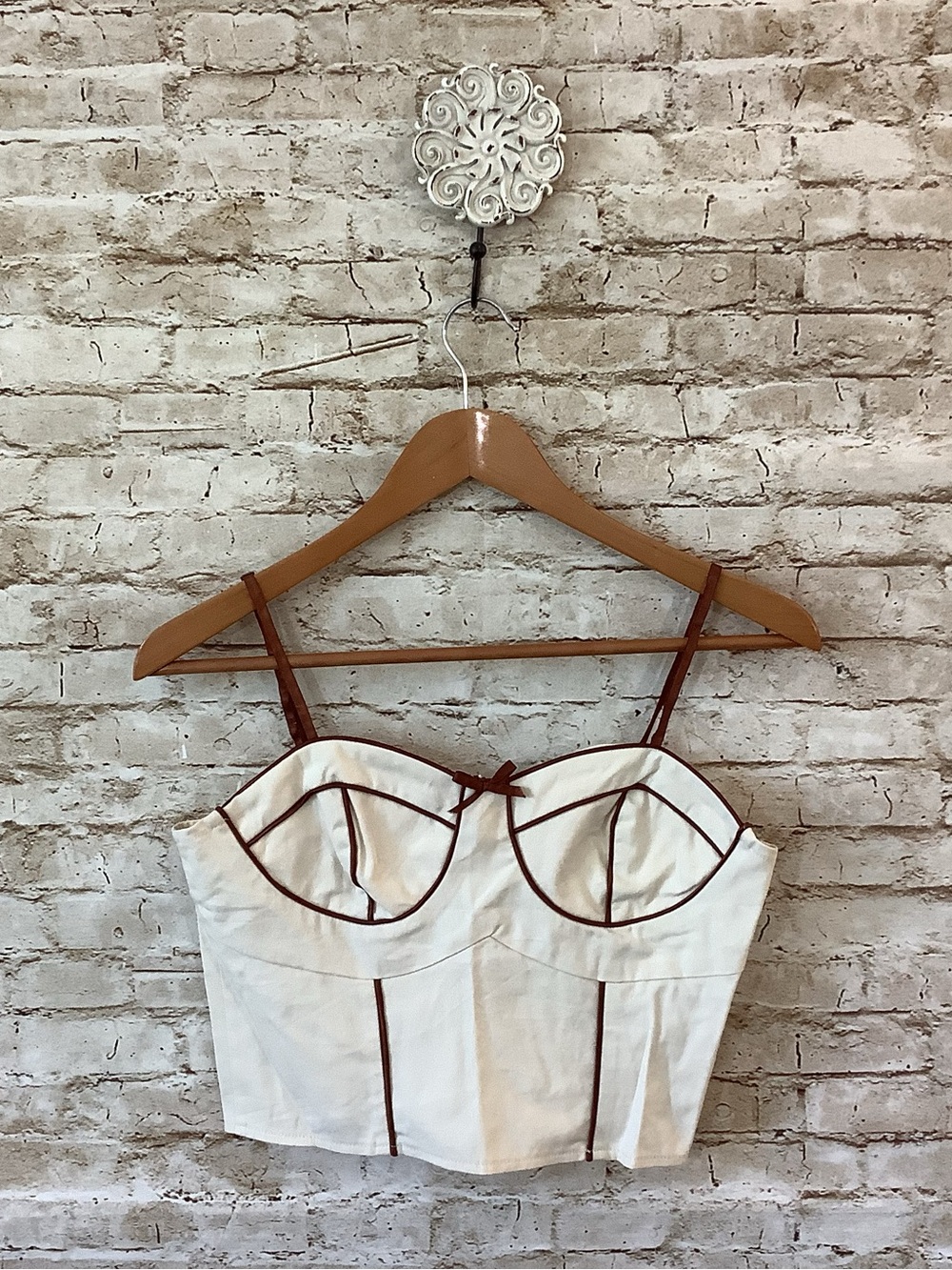 NWT Cider Cream Bustier Crop Top with Brown Trim Corset